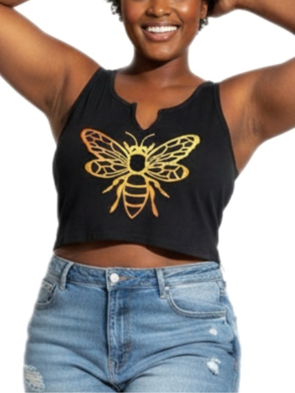 Destined | Black Crop Top Gradient Gold Bee Graphic Print Design Top